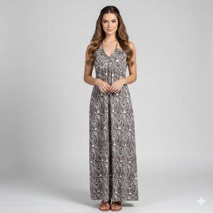 Toast UK Maxi Dress M Brown White Abstract Swirl Print Halter Lagenlook Boho